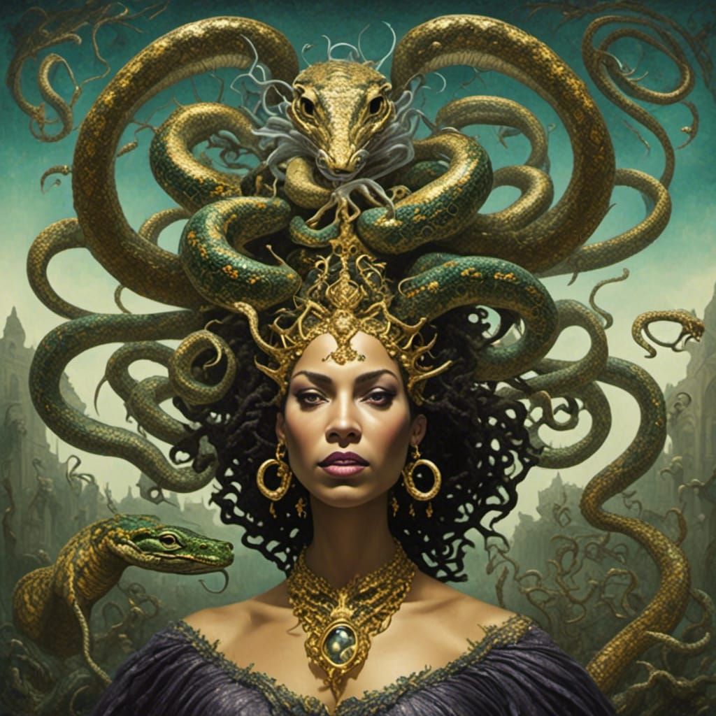 Medusa Portrait in Reptile House as Fantasy Oil