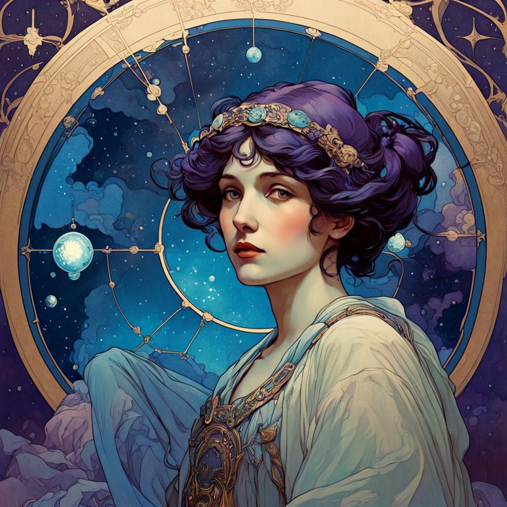 Celestial Cartographer in Art Nouveau Sci-Fi Observatory