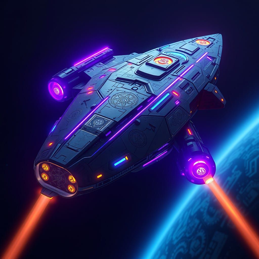 Sleek, Iridescent Spaceship with Neon Strips and Intricate P...