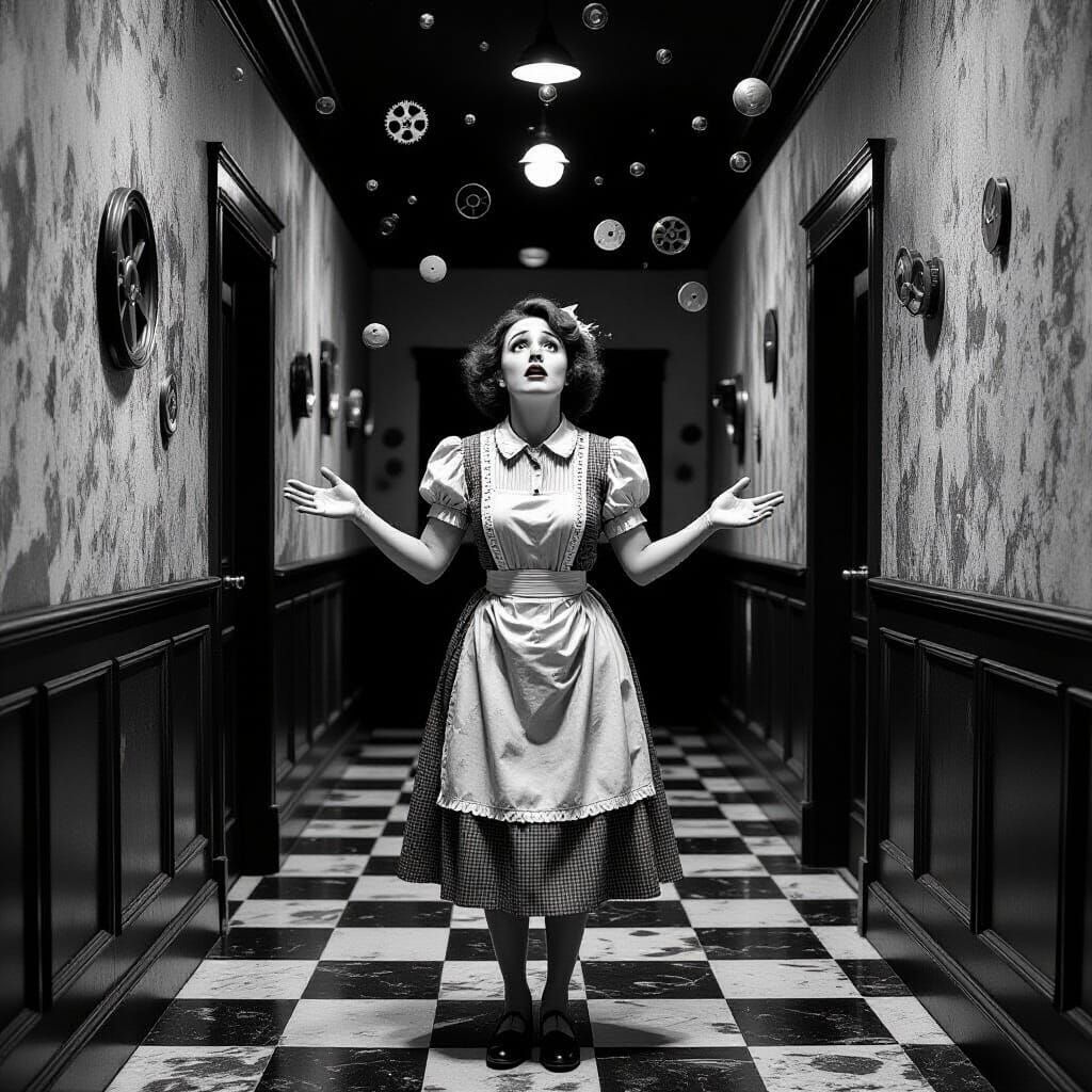 Distressed Woman in Surreal Silent Film Scene