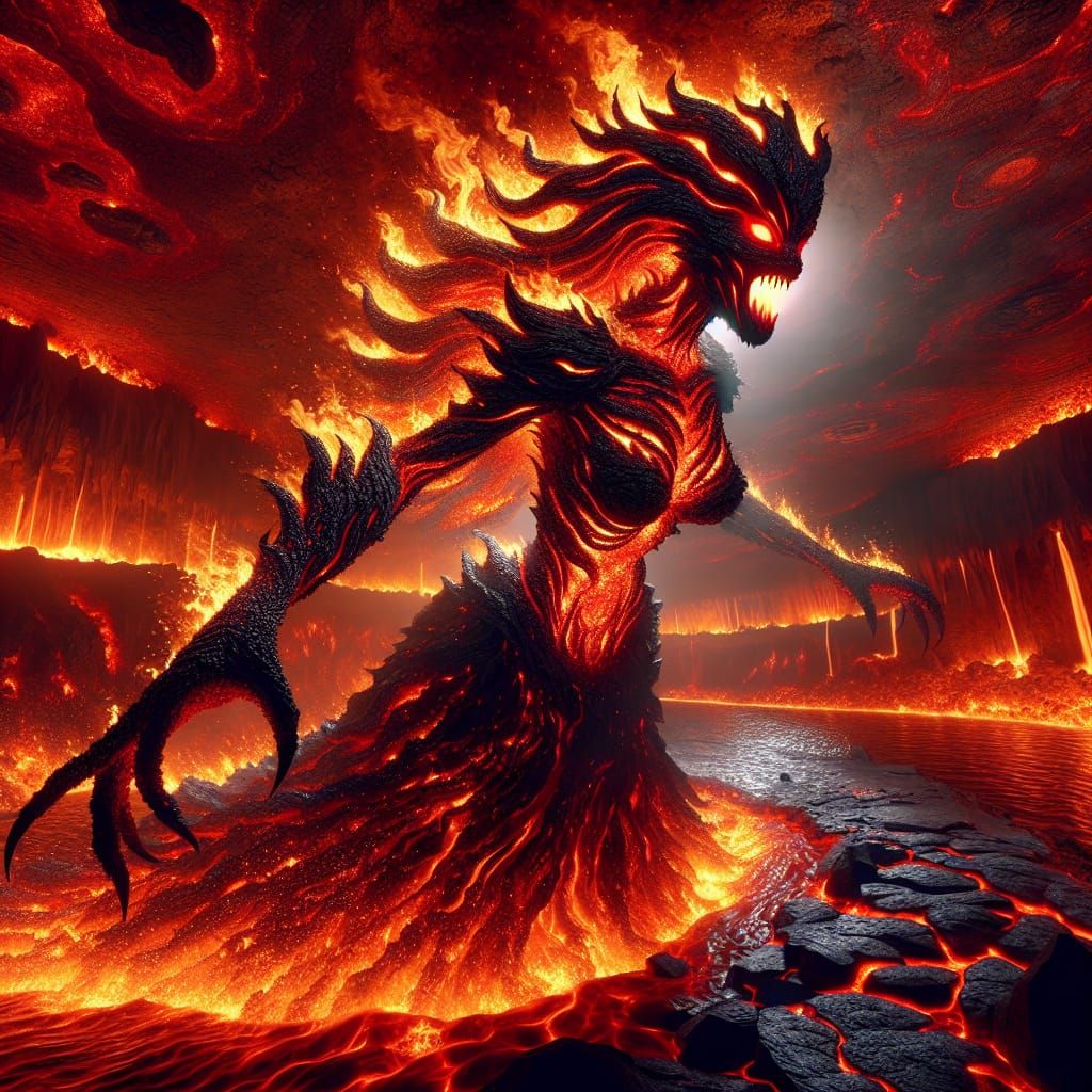 Fiery Demon Woman Navigating Lava River