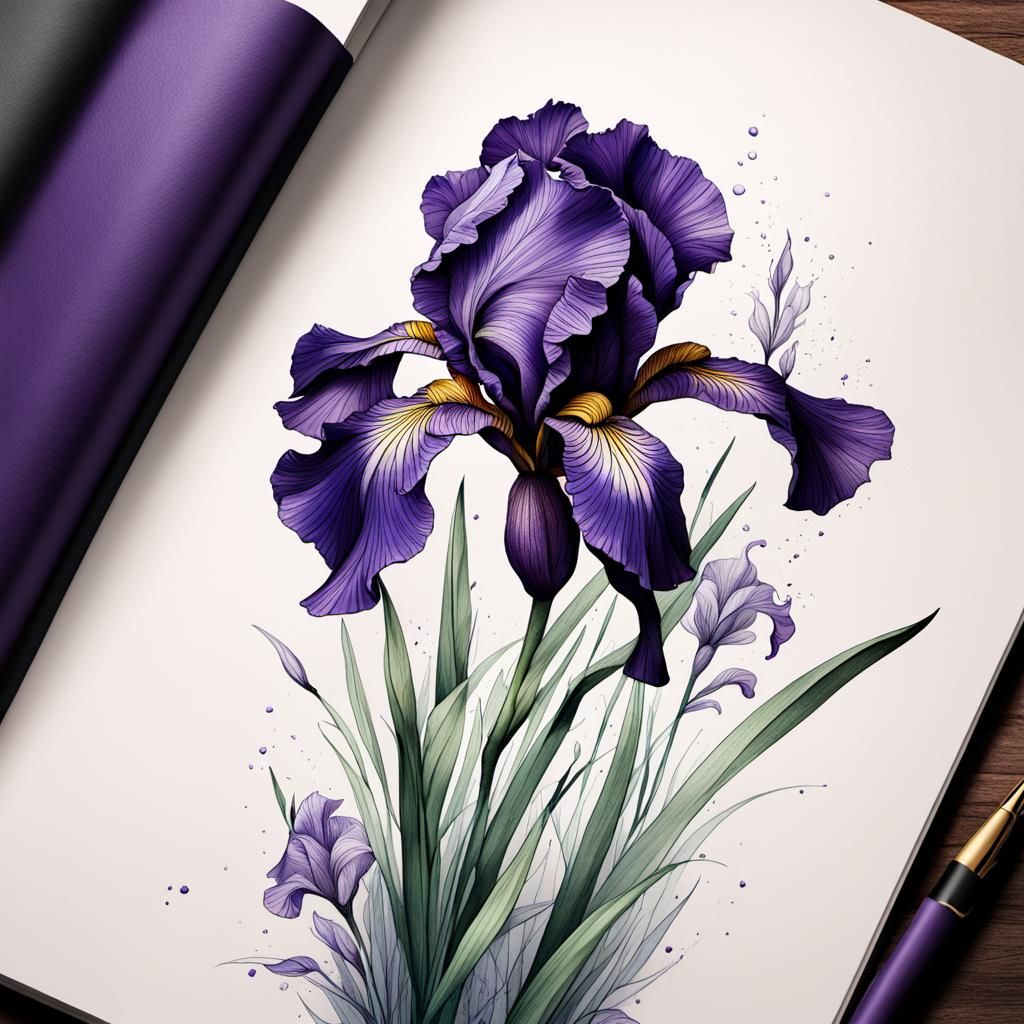 Botanical Ink Drawing of a Purple Iris