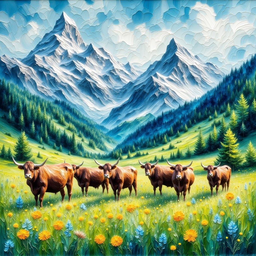 Vibrant Alcohol Ink and Watercolor Cows in Swiss Alps Valley