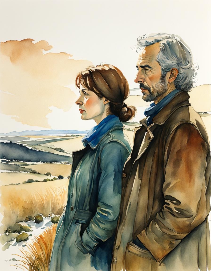 Watercolor Double Portrait in Moebius Style