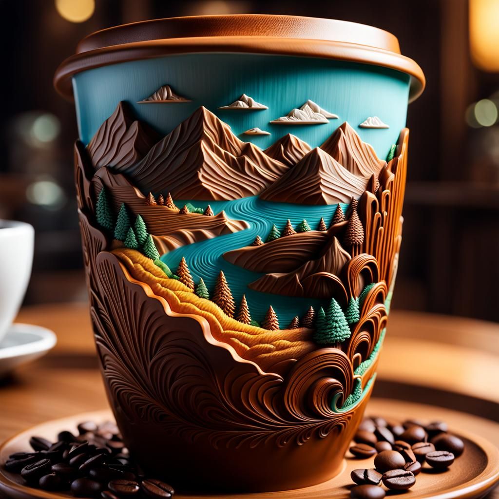 Coffee Cup Landscape: Detailed Fantasy Concept Art