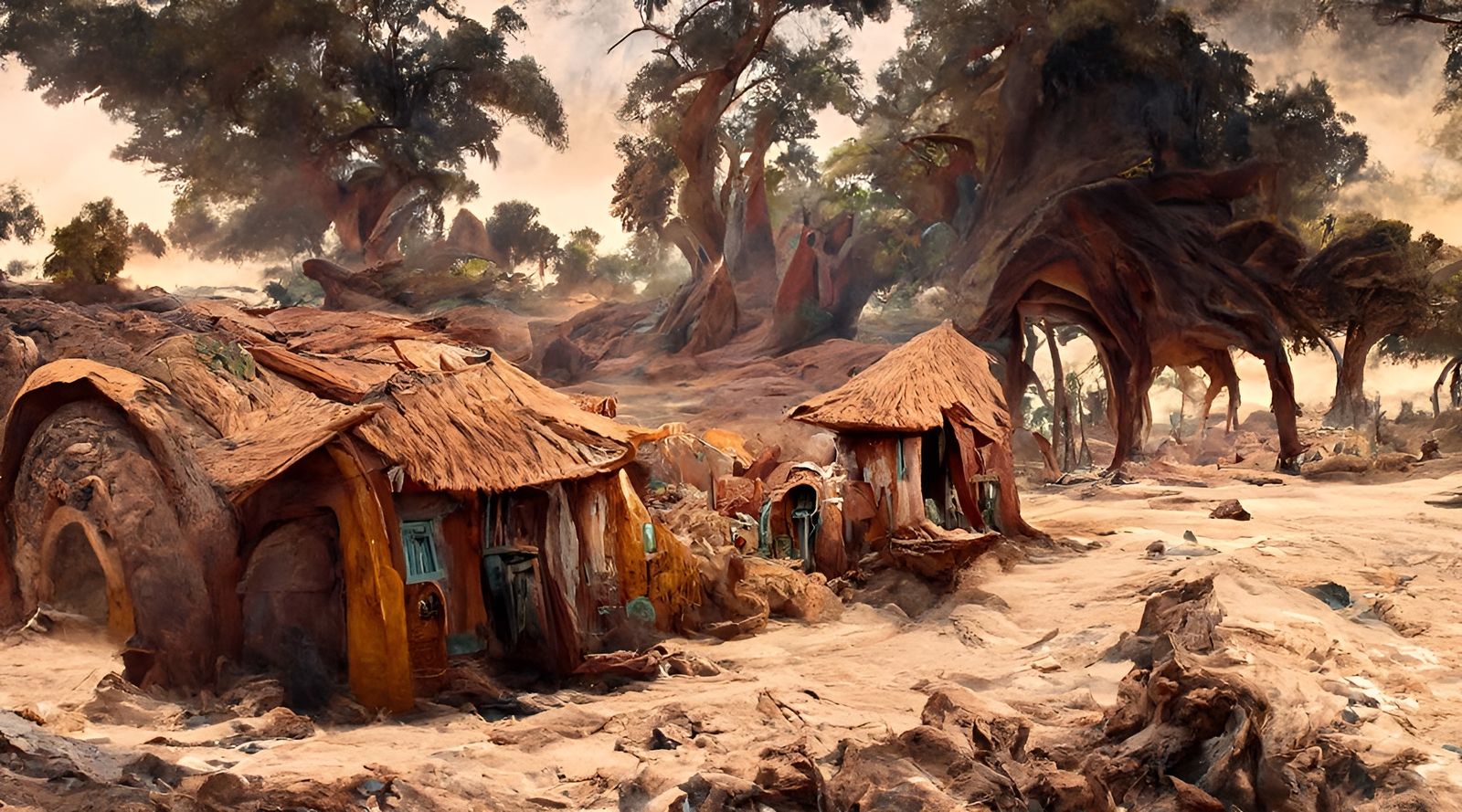 African Mud Village in Oil Painting Style