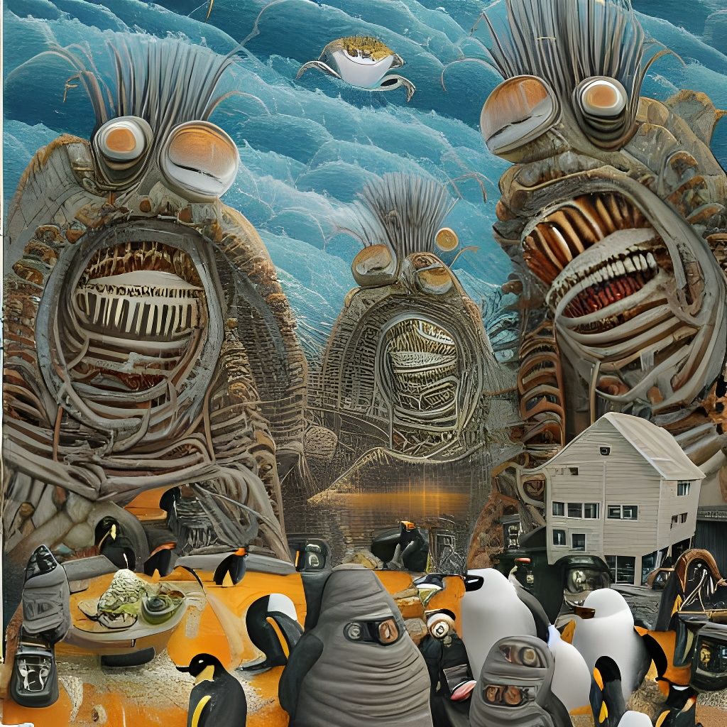 Fuming Gentoo Penguins in Sci-Fi Horror Impasto