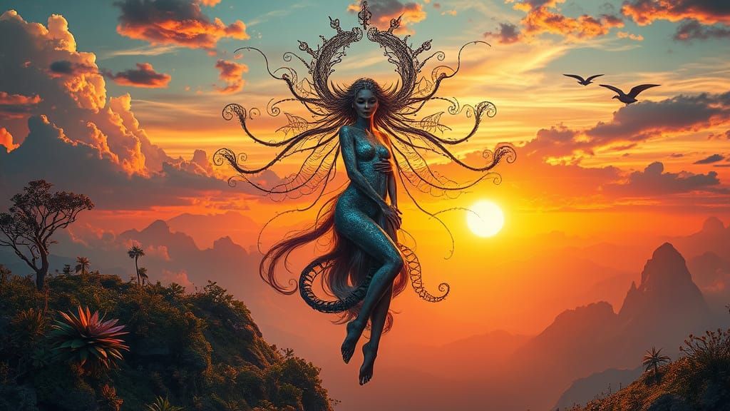 Surreal Cosmic Landscape with Intertwined Beings and Vibrant...