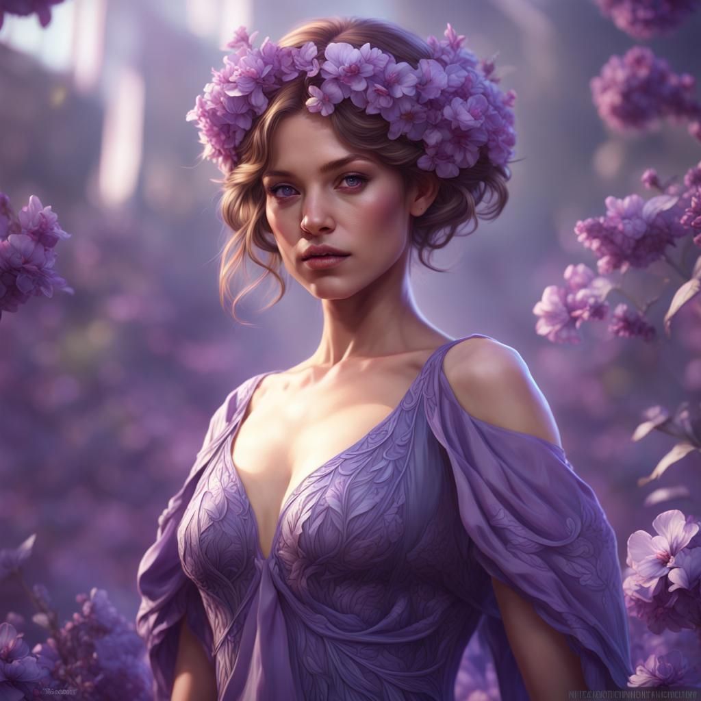 Violet Flower Dress Portrait in Hyperdetailed Style