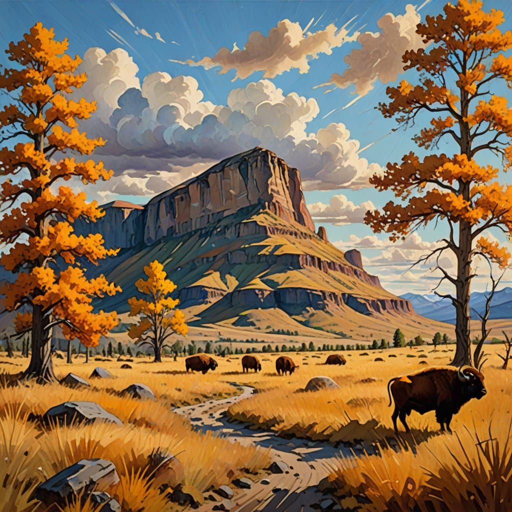 Crown Butte in Autumn Prairie Landscape as Gouache Painting