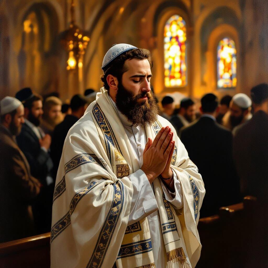Jewish Man Praying in Synagogue on Yom Kippur, Chagall Style
