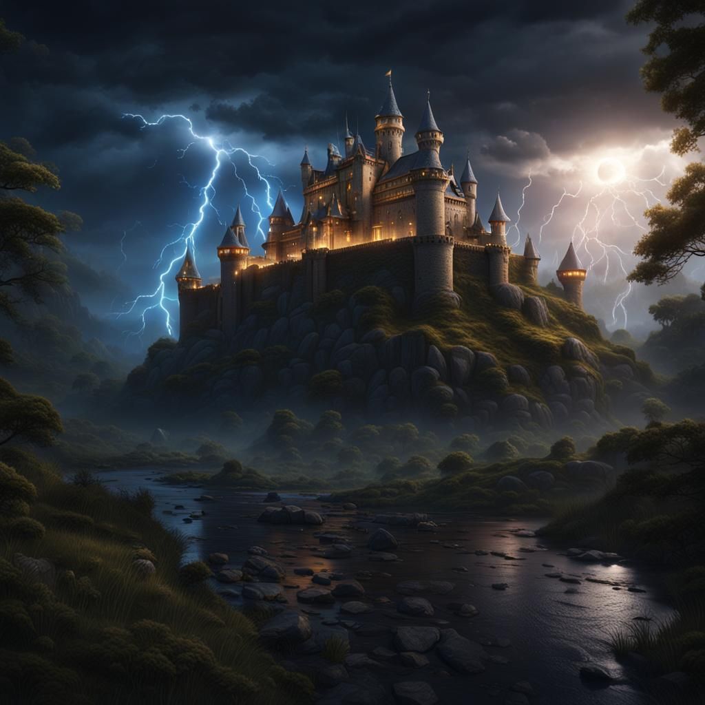 Mystical Castle Floating in Stormy Landscape
