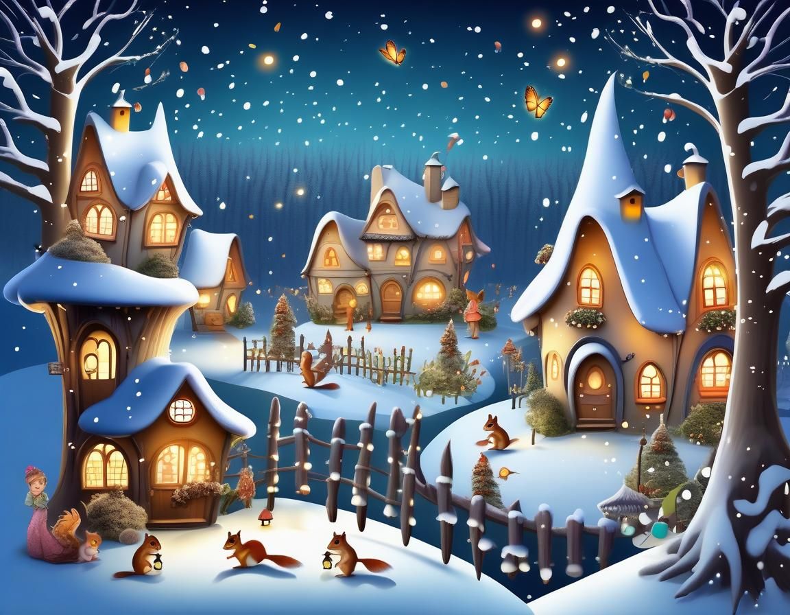 Magical Fairy Village in Winter Snow, Splash Art