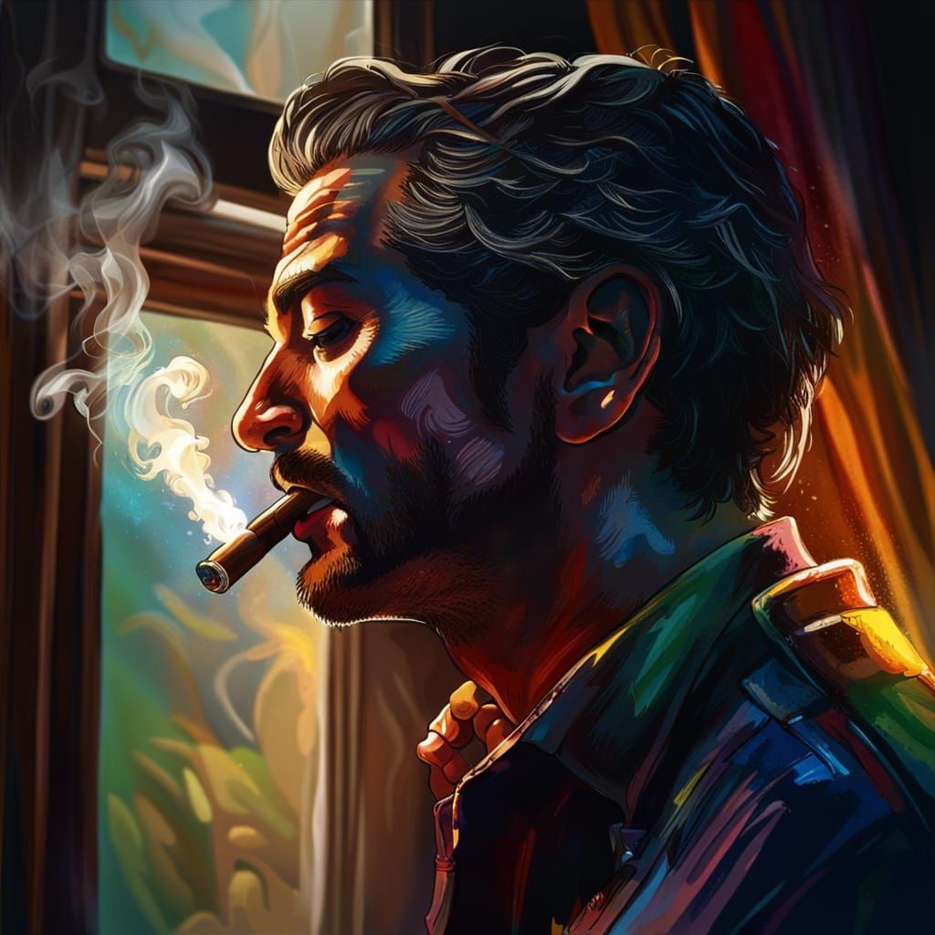 Man Smoking Cigar with Colorful Background
