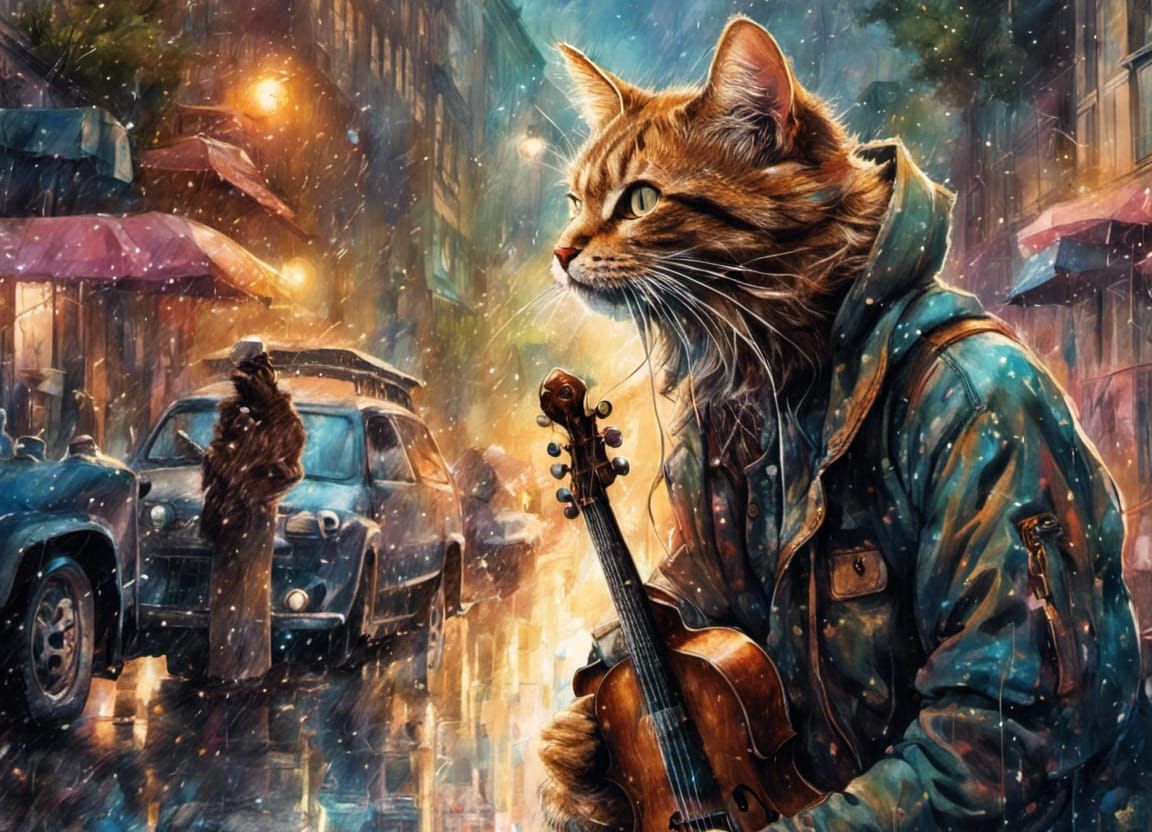 Emotional Street Scene with Singing Cat, in Ink Style