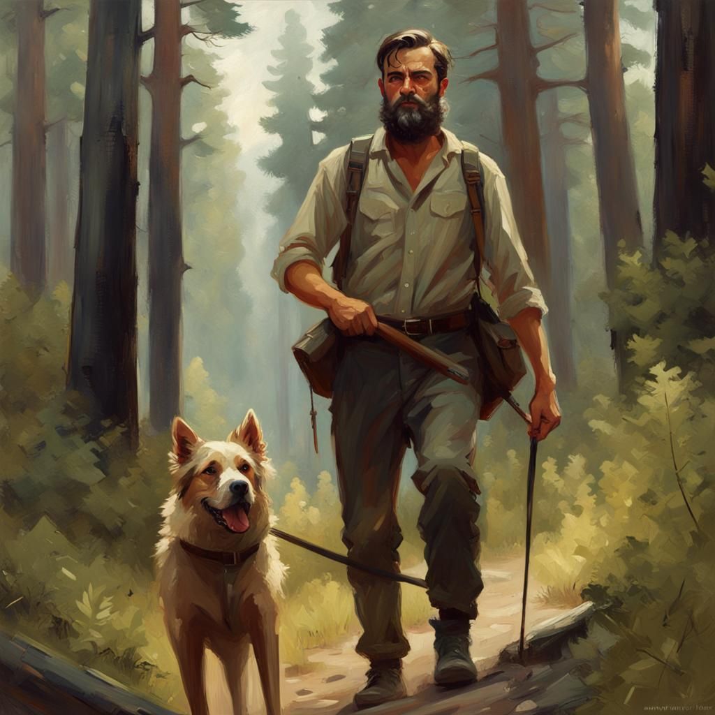 Bearded Hiker and Dog, Digital Oil Painting