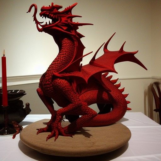 The ancient red dragon sculpture at center of dinner table