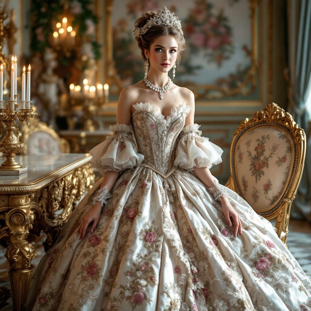 Elegant 18th-Century French Noblewoman in Lavish Rococo Sett...