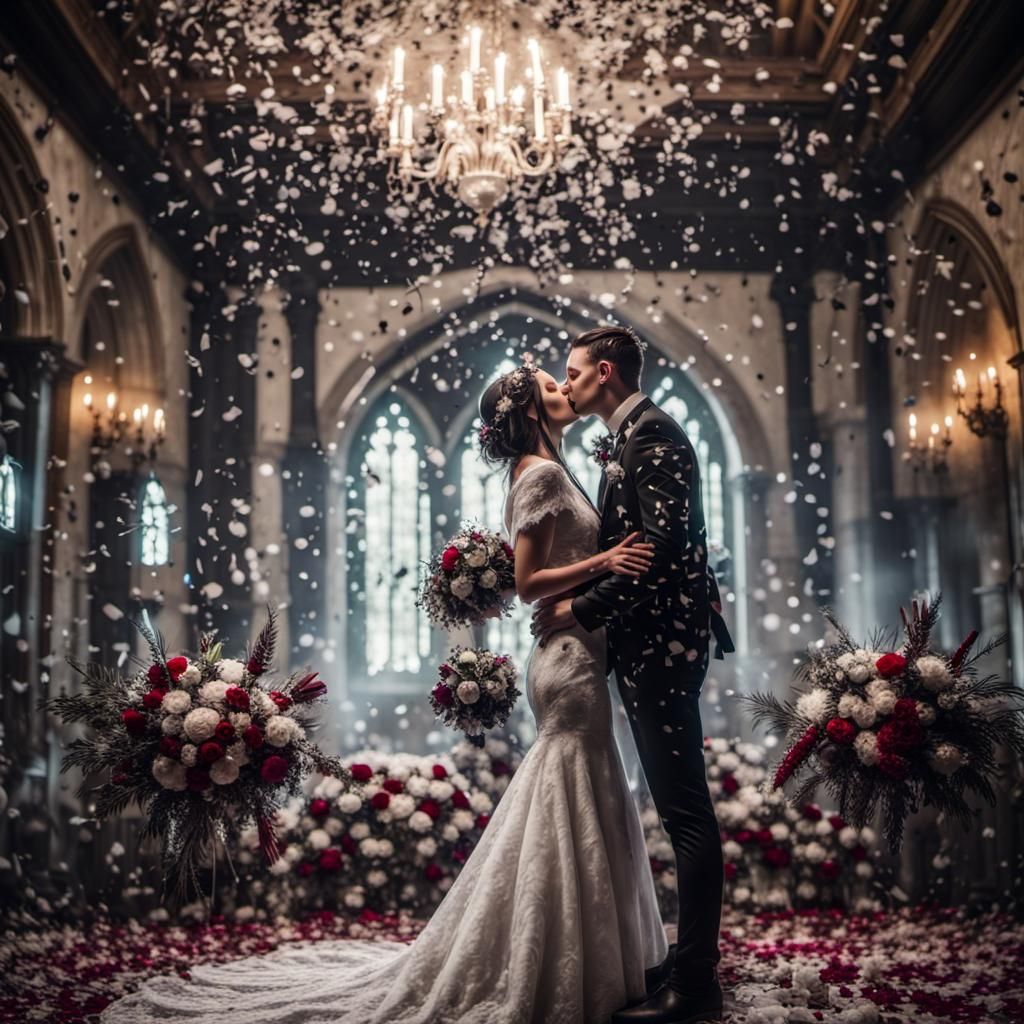 Gothic Wedding Kiss Under Confetti, Hyperrealistic 8K
