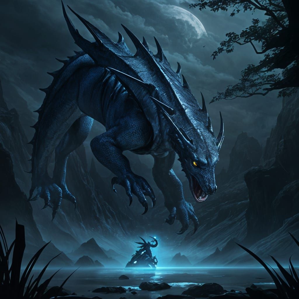 Midnight-Blue Dragon Soaring Through Nightscape in Digital A...