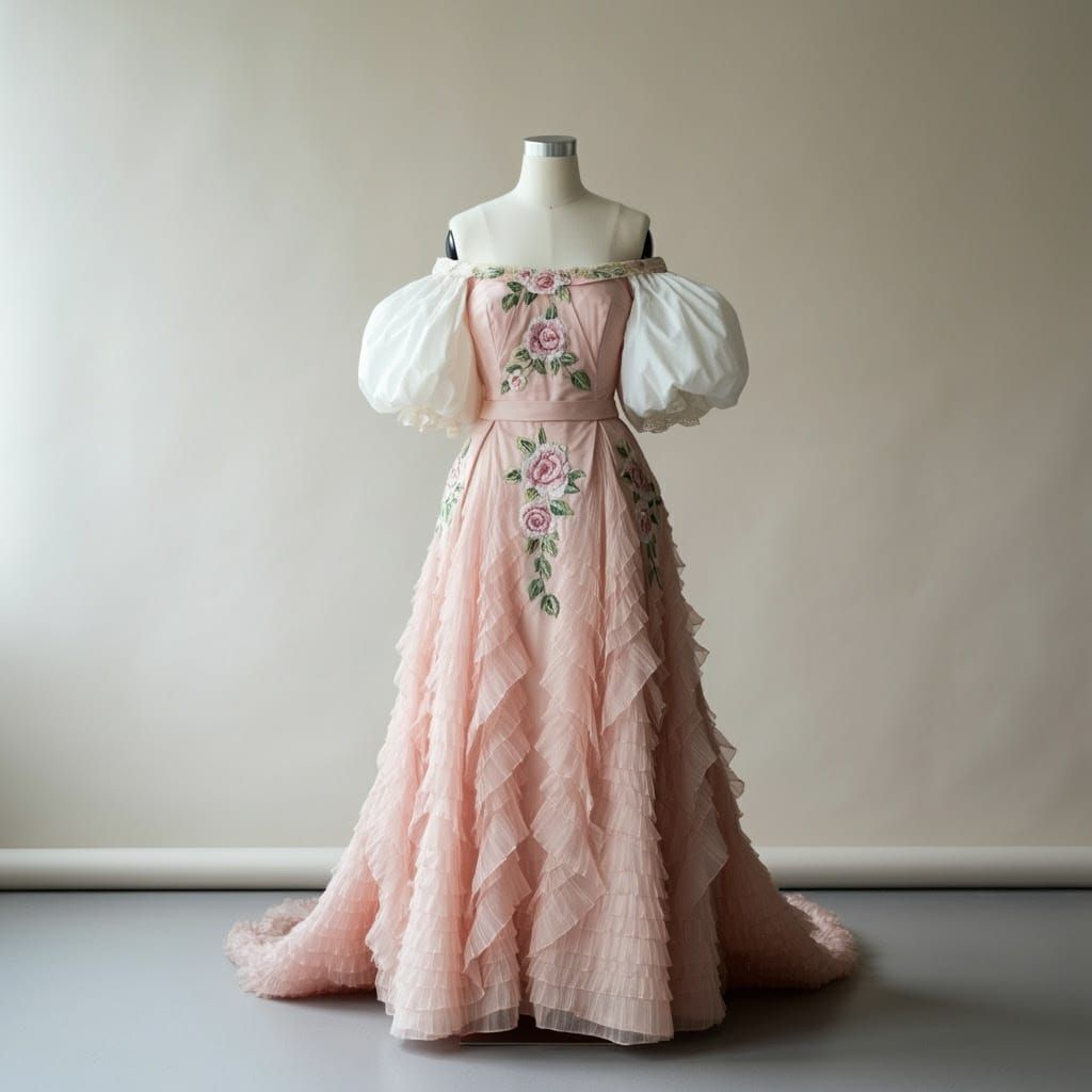 Elegant Pale Pink Evening Gown in Intricate Ruffles and Embr...