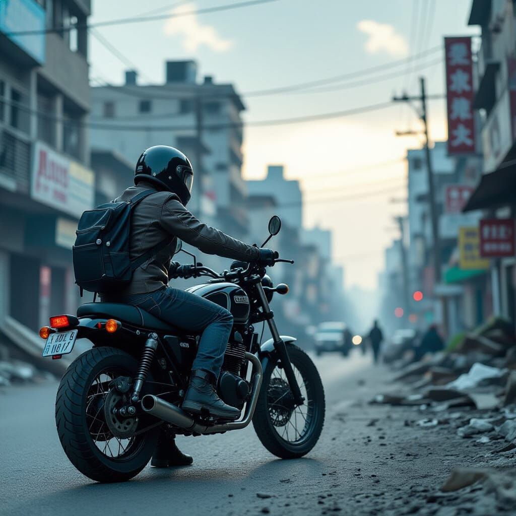 Post-Apocalyptic Wanderer in Ruined Cityscape