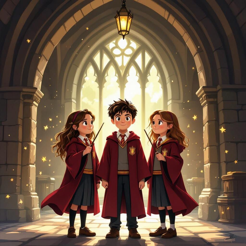 Hogwarts Students in Gryffindor Robes with Wands