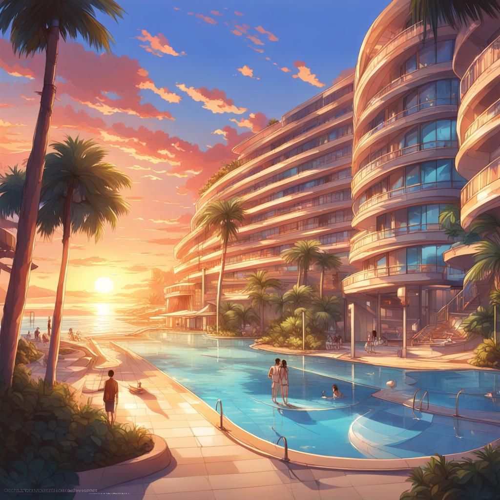 Tropical Luxury Resort at Sunset, Anime Style