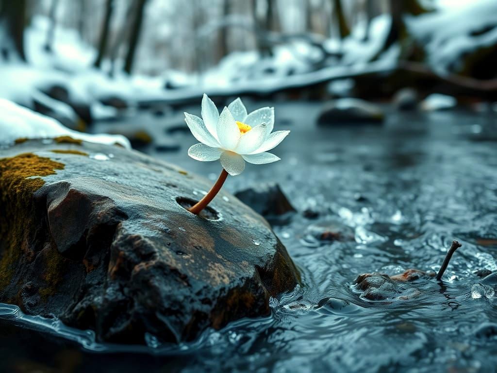 A Lone Icy Lotus Blossoms in a Frozen Brook