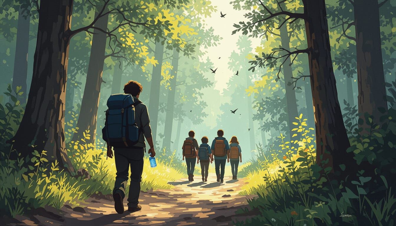 Hikers on Forest Trail in Atmospheric Landscape Style