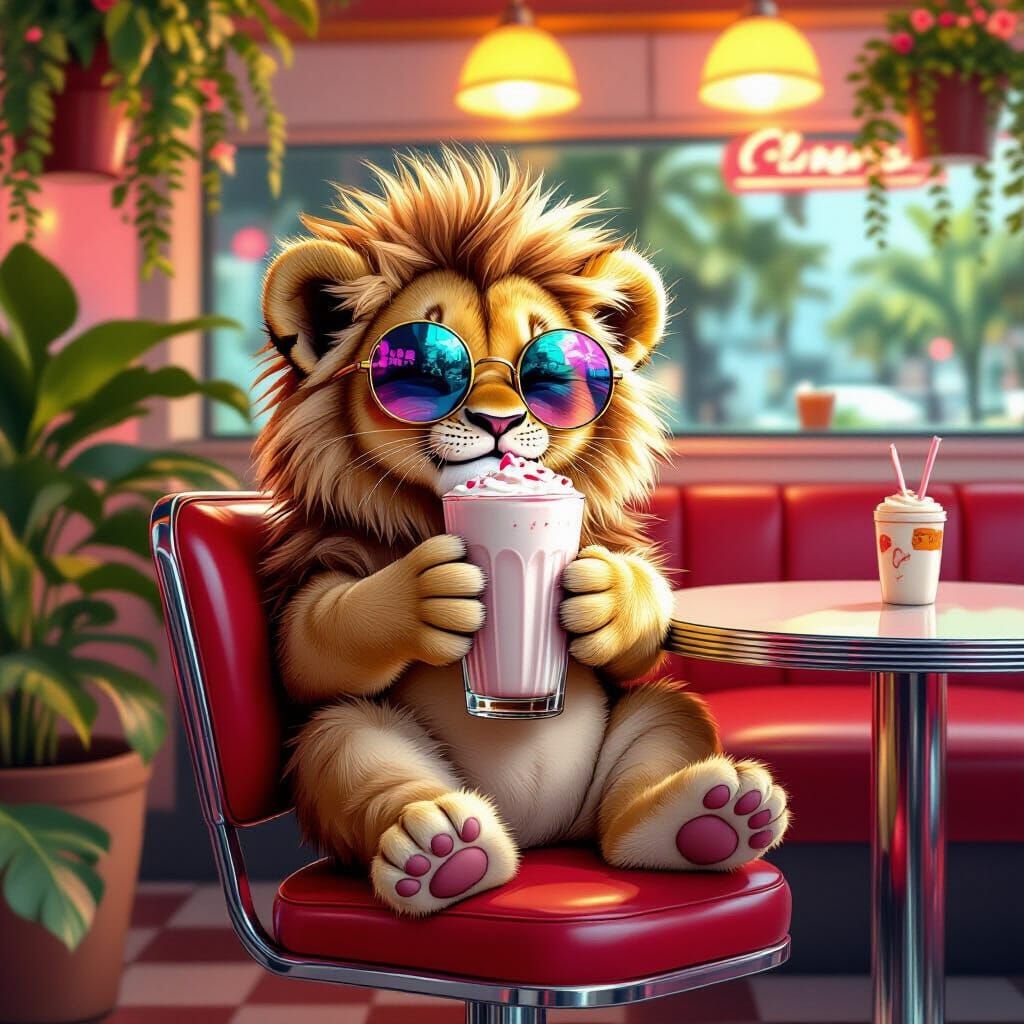Fluffy Lion Cub Enjoys Milkshake in Surreal Neon Cafe