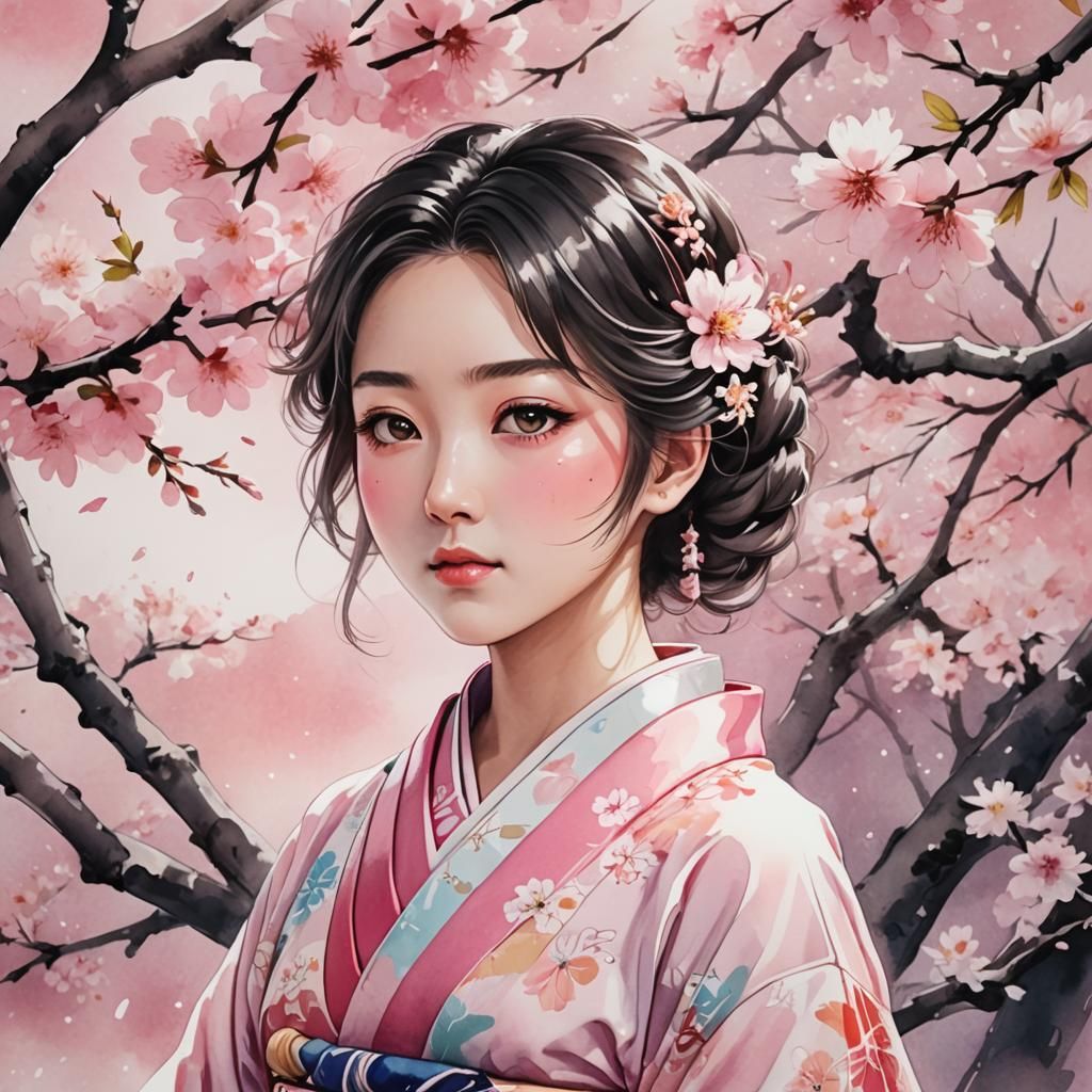 Anime Portrait of Woman in Kimono, Cel-Shaded Style