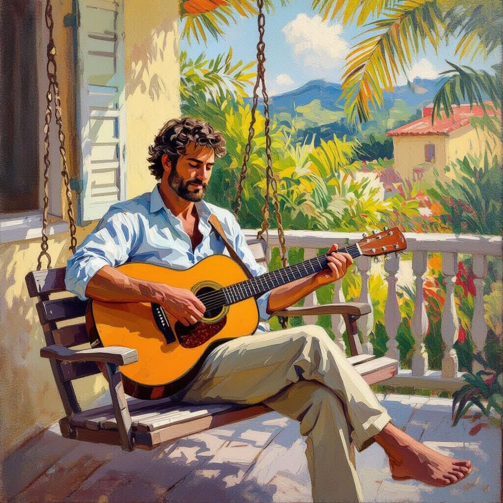 Man Strums Guitar on Porch Swing Amid Tropical Scenery