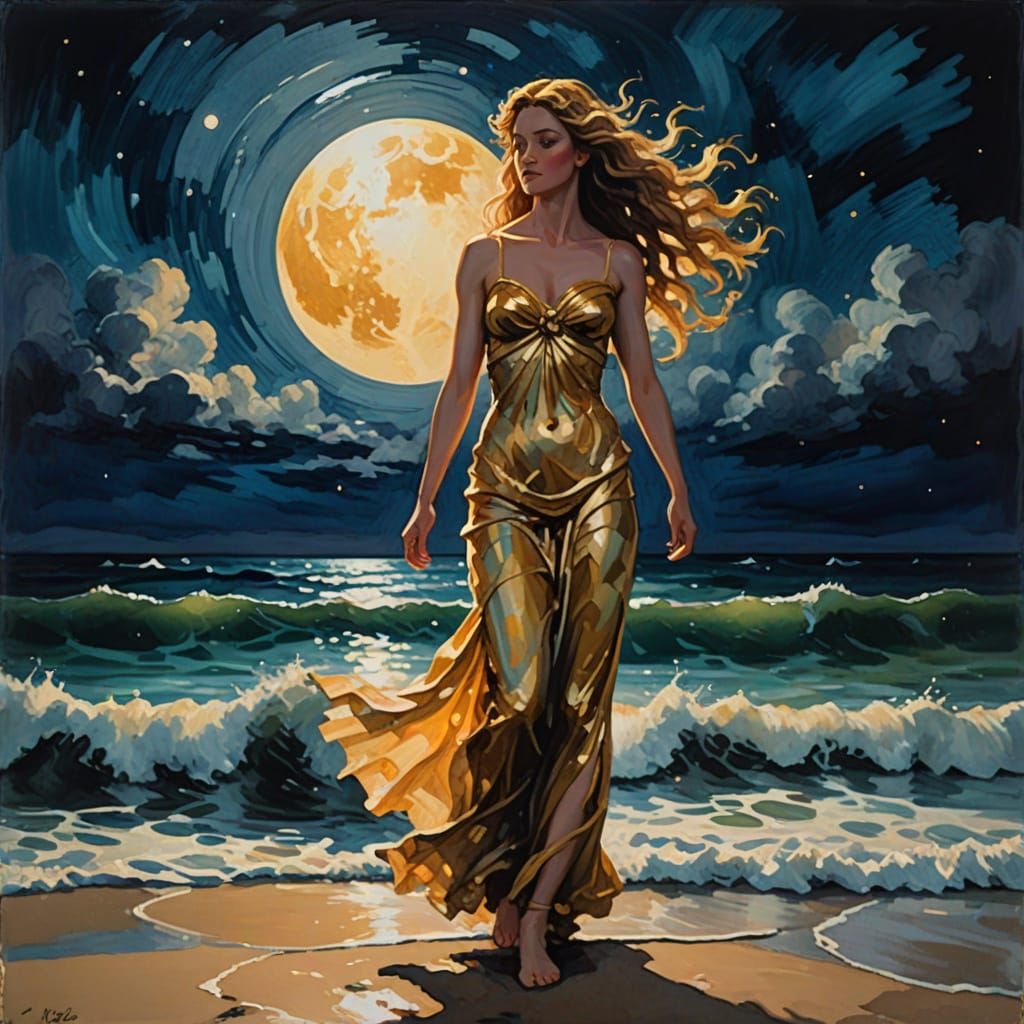 Aphrodite at Neptune Beach in Gouache Impressionism