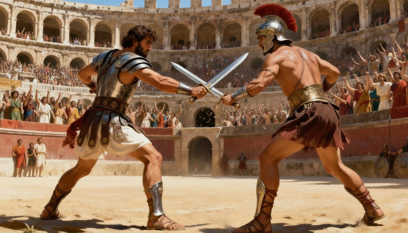 Gladiators Battle in Colosseum with Cheering Romans