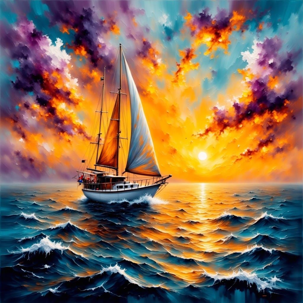 Sailboat at Sea in Impasto Style at Sunset