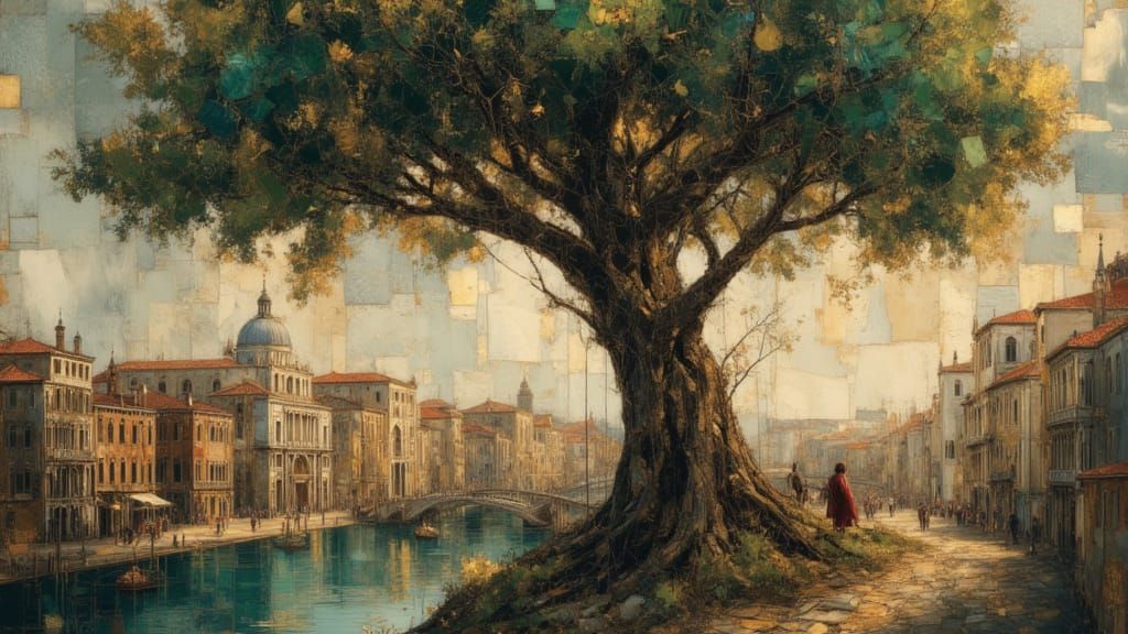 Renaissance City Sheltered by Colossal Tree, in Oil Paint St...