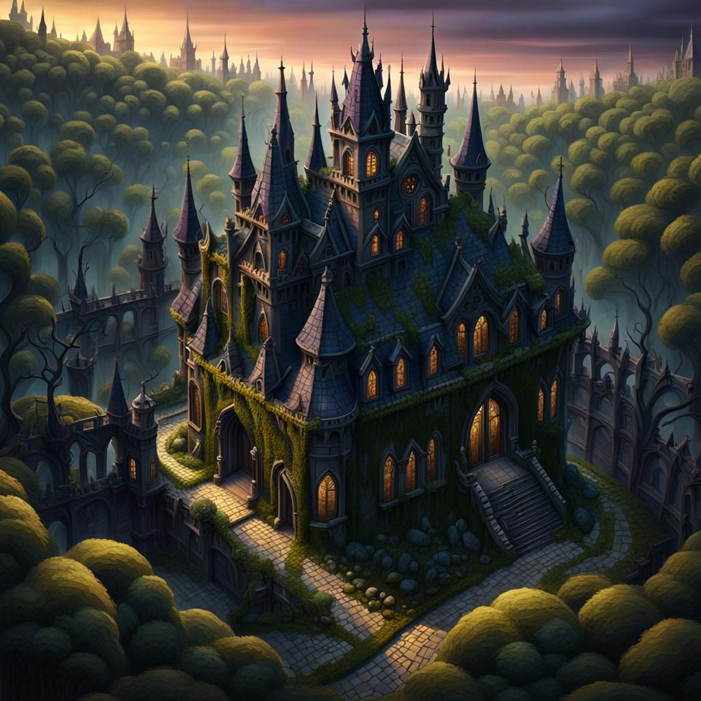 Dark Gothic Manor in Twisted Forest: Fantasy Art