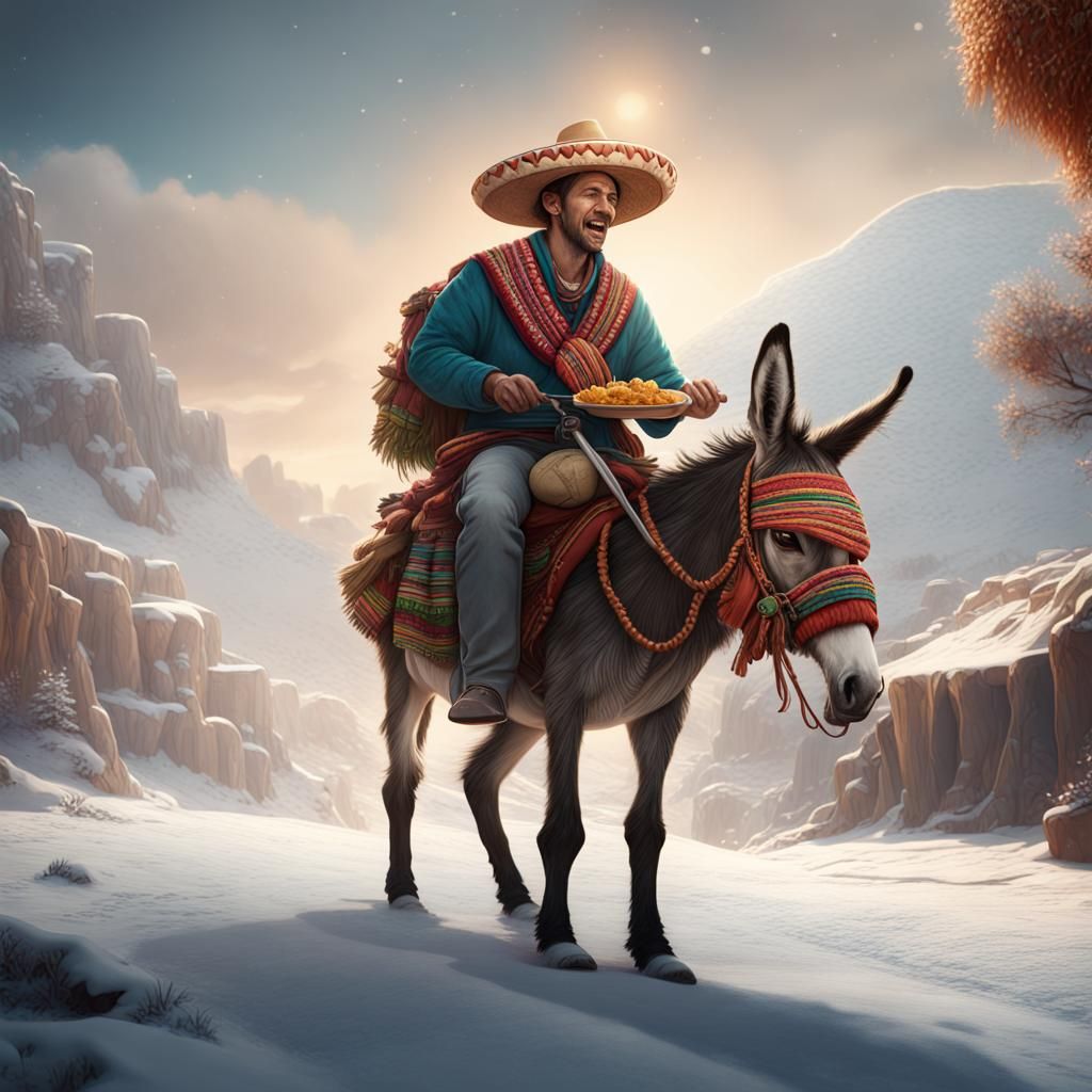 Mexican Man and Donkey in Snowy Landscape