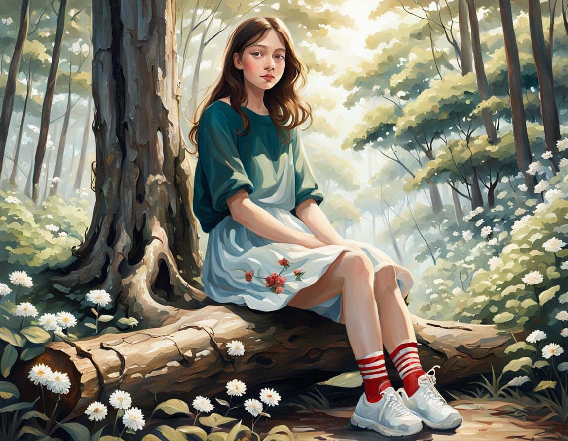 Serene Forest Maiden Basks in Dappled Light