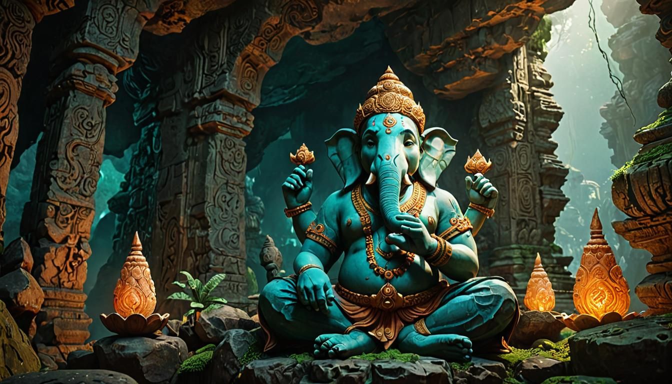 Serene Cave Idol of Lord Ganesha: Fantasy Concept Art