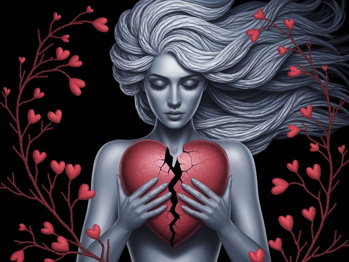 Surreal Mystic Woman with Textured Silver Hair and Cracked H...