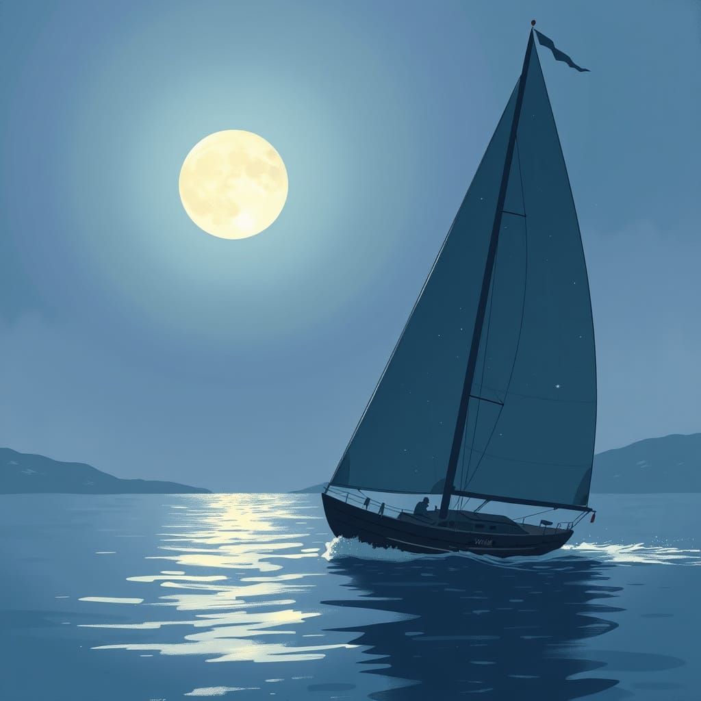 Sailing Boat Under Full Moon in Ukiyo-e Style