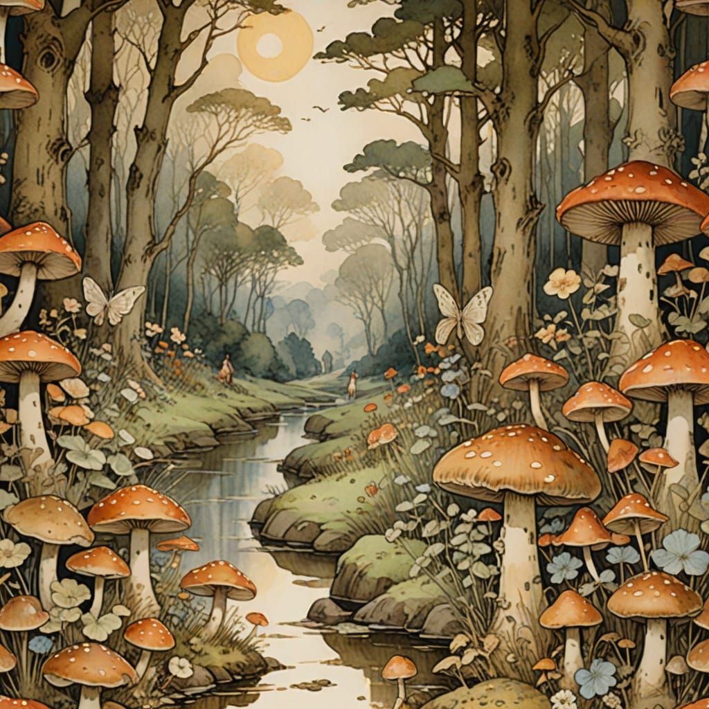 Whimsical Watercolor Fantasy Art with Fairies and Toadstools