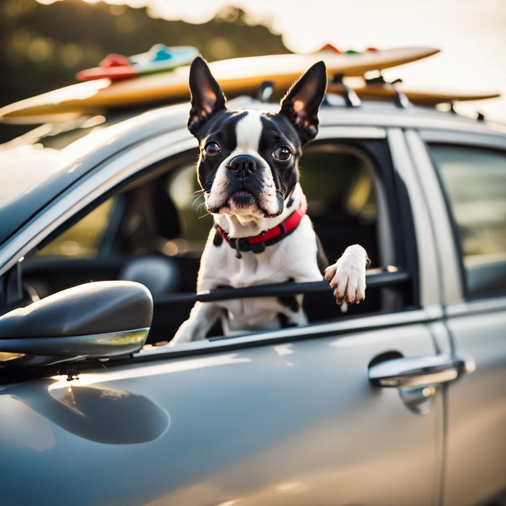 Boston Terrier Drives to Beach with Surfboards