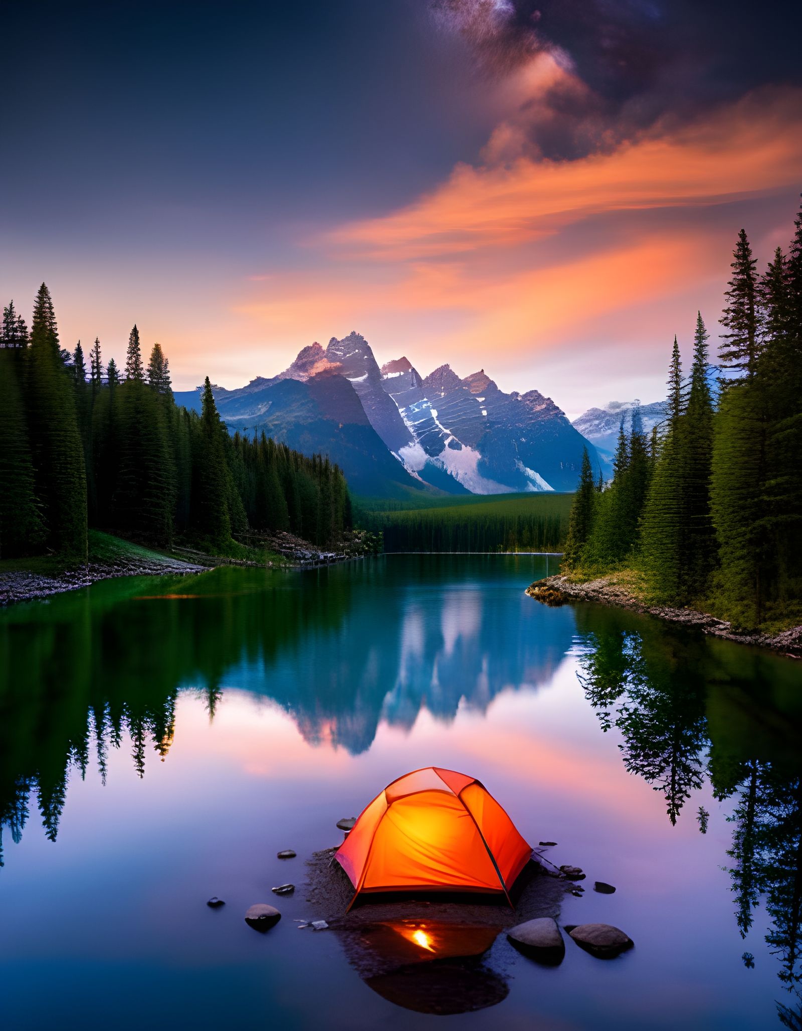 Couple Camping by Lake at Dawn