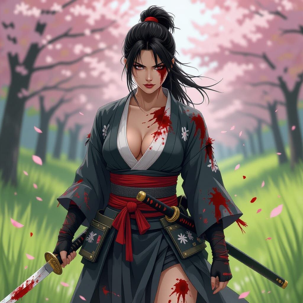 Furious Samurai Woman with Katana in Graphic Style