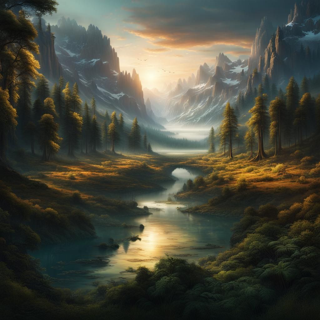 Dawn Light Over Valley: Cinematic Digital Painting