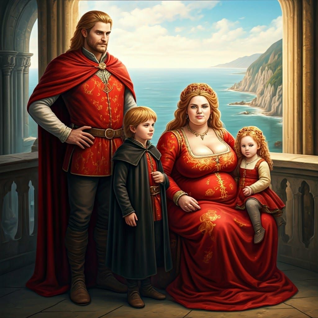 Medieval Family Portrait in Sunlit Sea Landscape