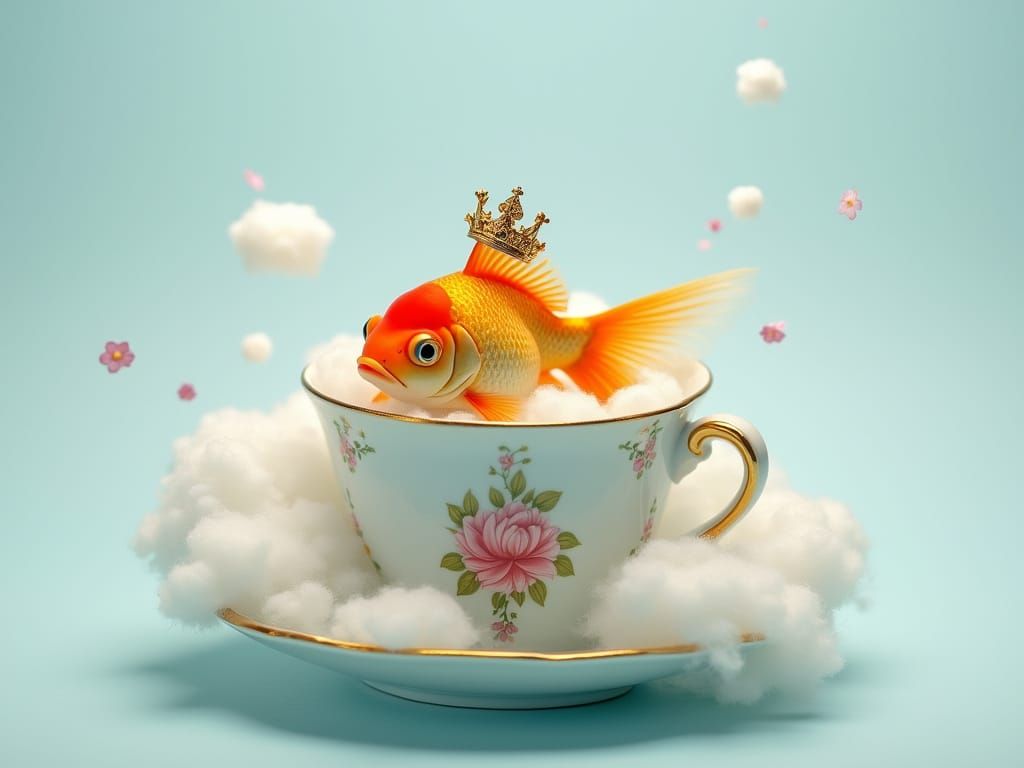 Goldfish in Teacup Swimming Through Clouds